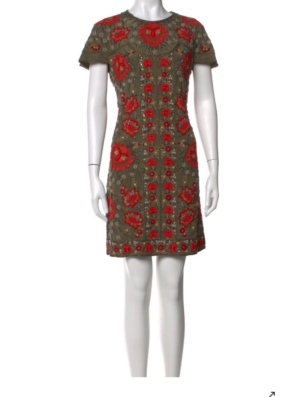Etro Olive Green Mini Dress with Red Floral Embroidery